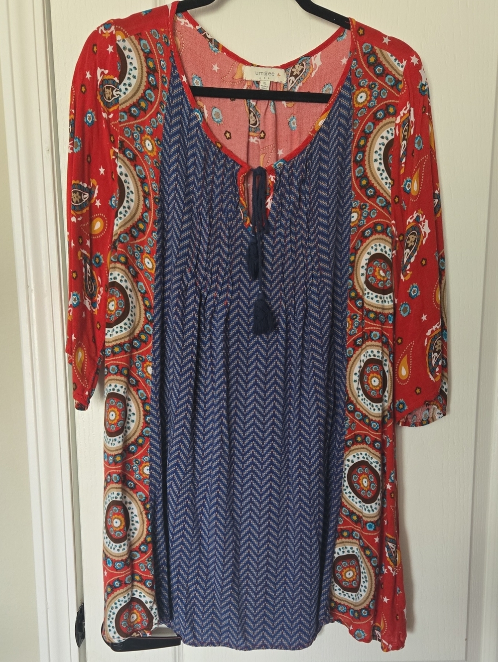 Umgee Red & Navy Mixed-Print Tunic with Tassel Tie